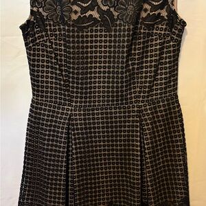 Adorn Black Lace & Nude Illusion Mini Dress with Geometric Skirt